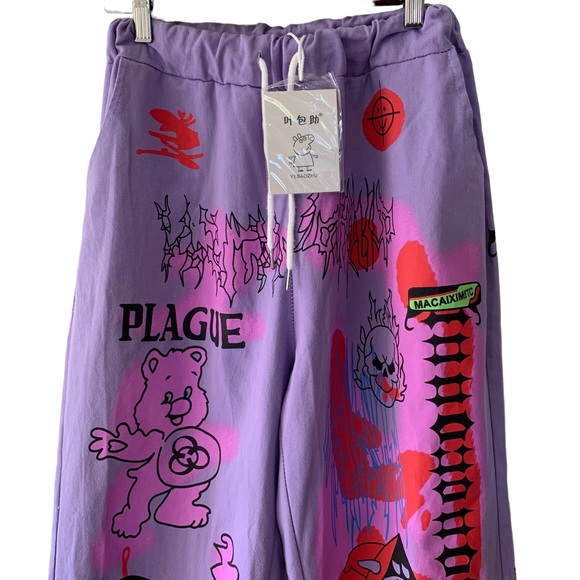 Kidcore Harijuku Bears Graphic Baggy Streetwear Pull On Neon Purple Pants Small - Picture 3 of 13